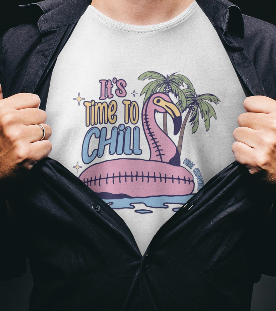 It's Time To Chill Flamingo Palm Trees Ocean Keith Owings T-Shirt