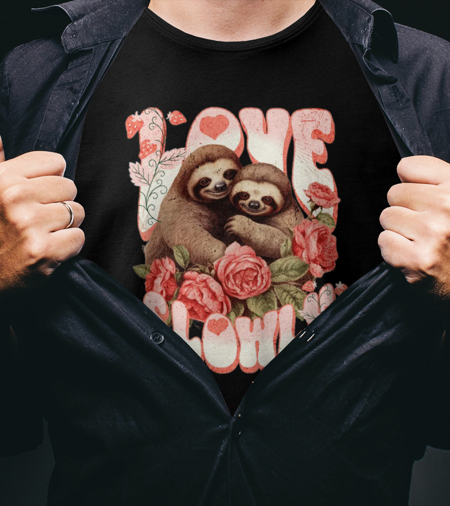 Love Slowly Sloth Couple Romance Valentine Heart Roses T-Shirt
