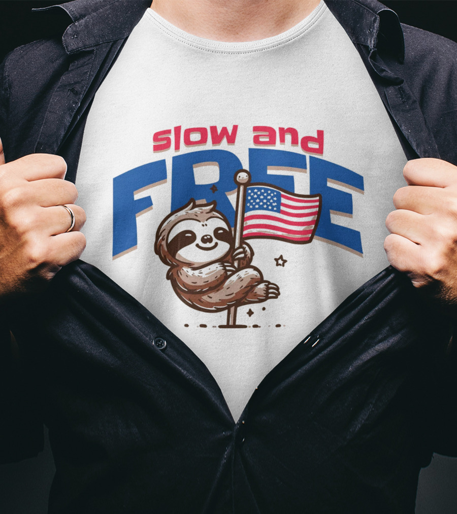 Slow And Free Sloth With American Flag T-Shirt