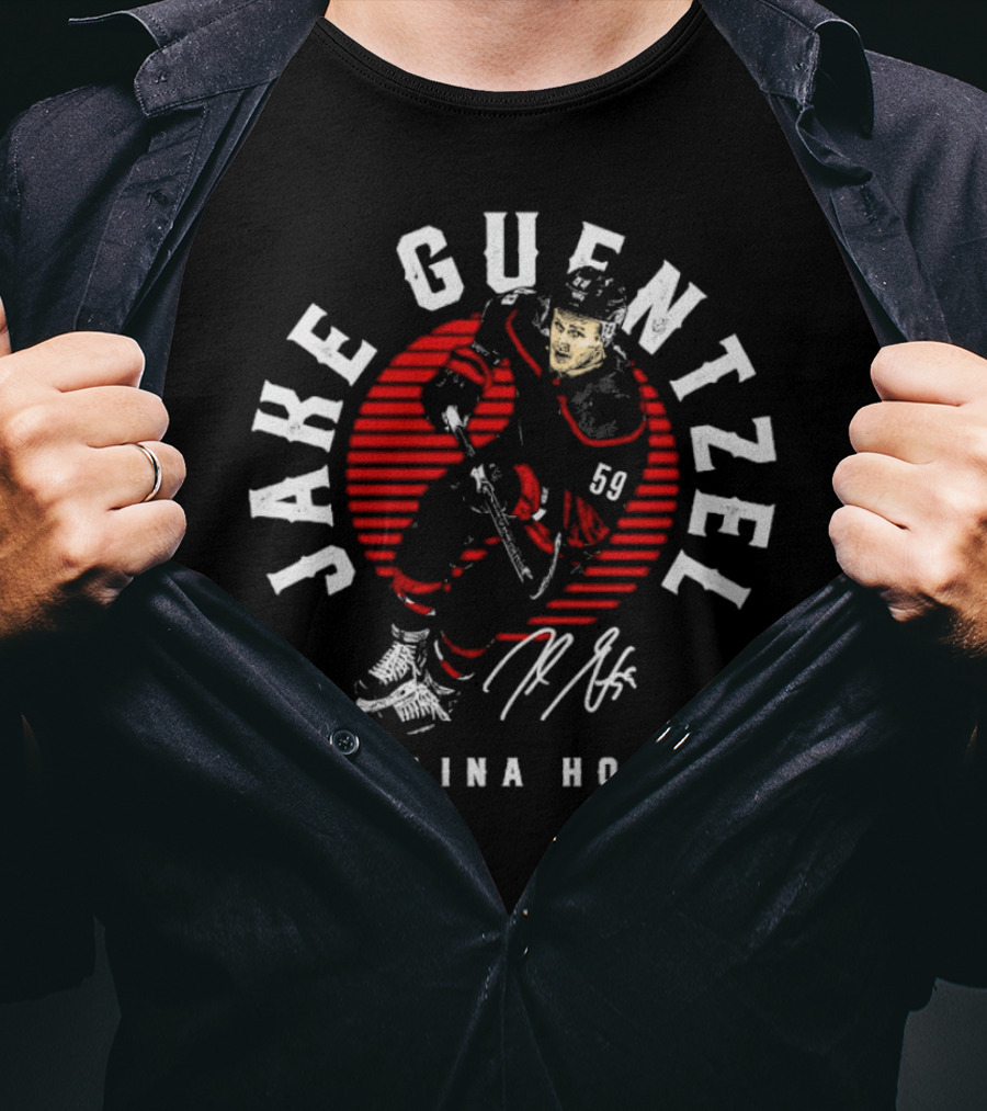 Jake Guentzel Carolina Hockey Number 59 Emblem With Red Circle And Signature T-Shirt