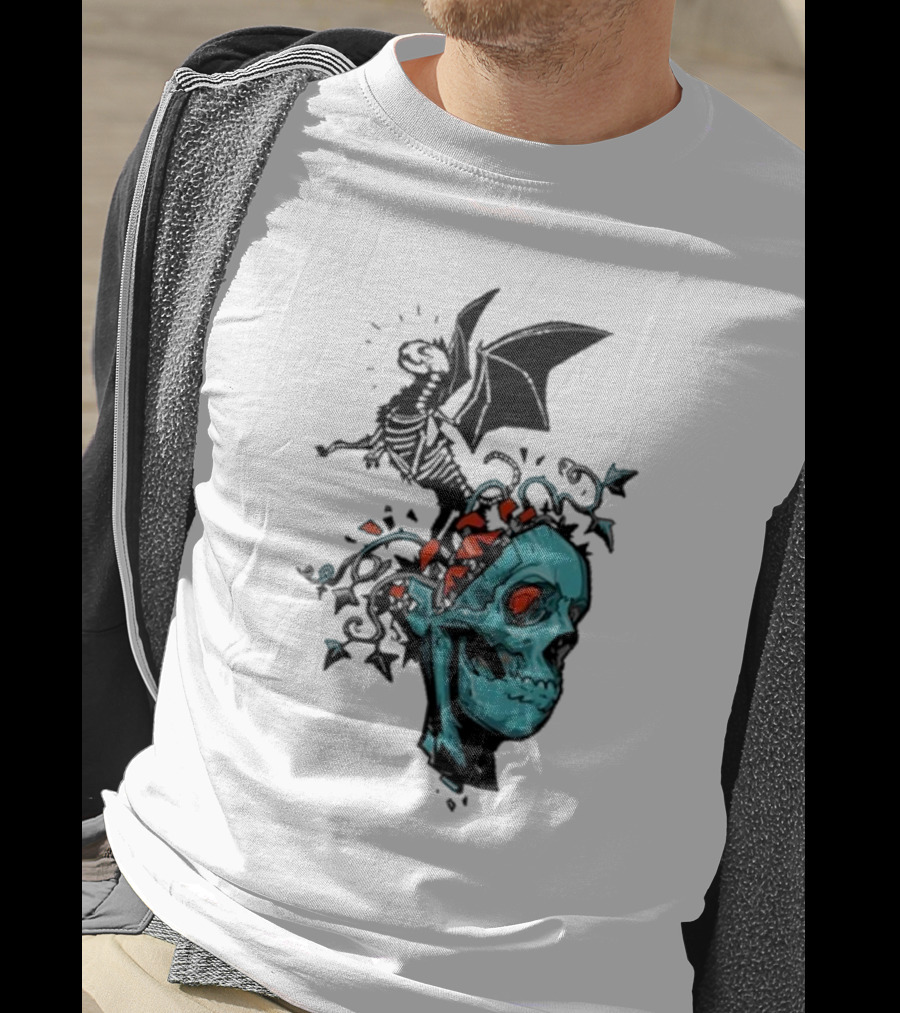 Scott Buoncristiano Skeleton Head With Dragon And Red Accents T-Shirt