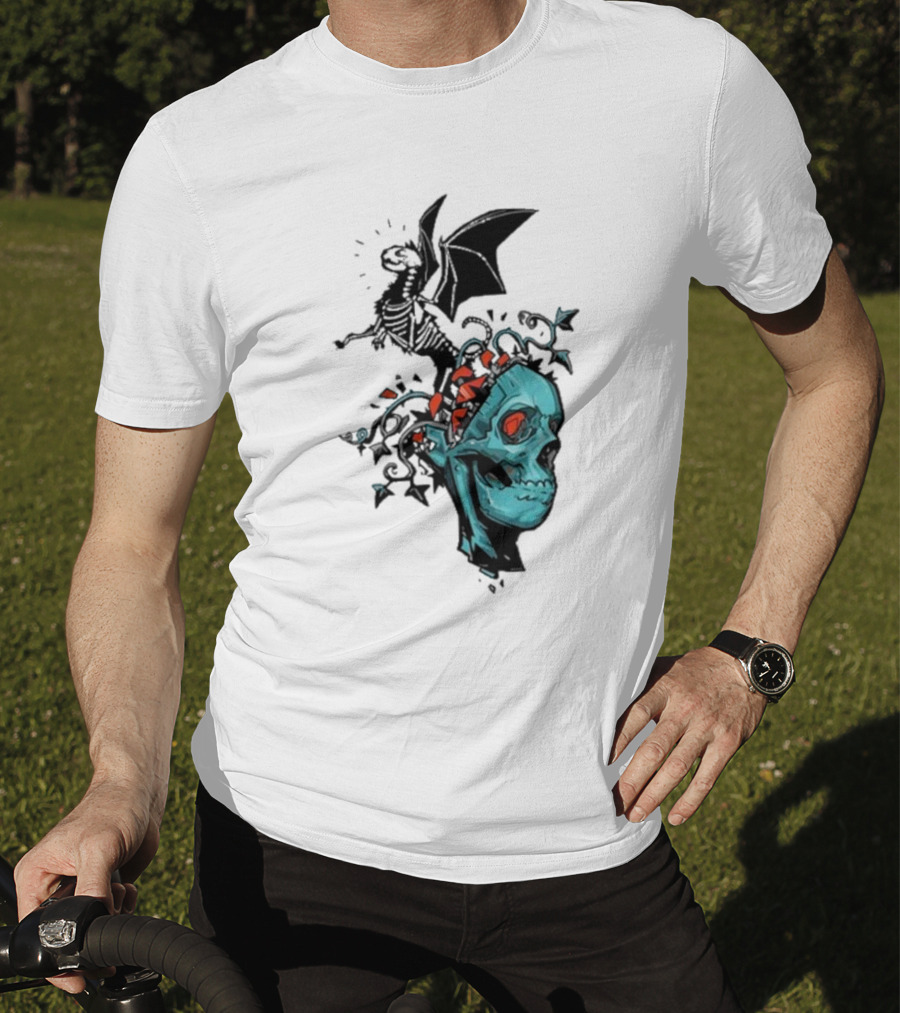 Scott Buoncristiano Skeleton Head With Dragon And Red Accents T-Shirt