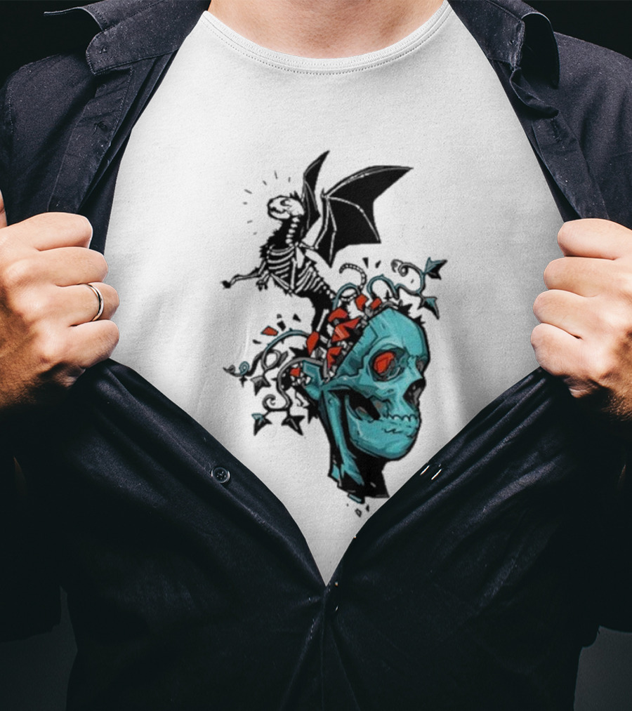 Scott Buoncristiano Skeleton Head With Dragon And Red Accents T-Shirt