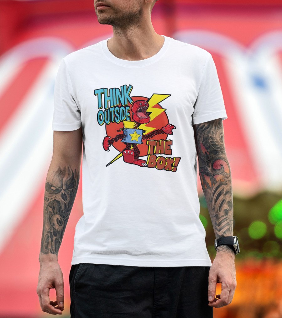 Think Outside the Box Red Monster with Lightning and Star Box Elements T-Shirt