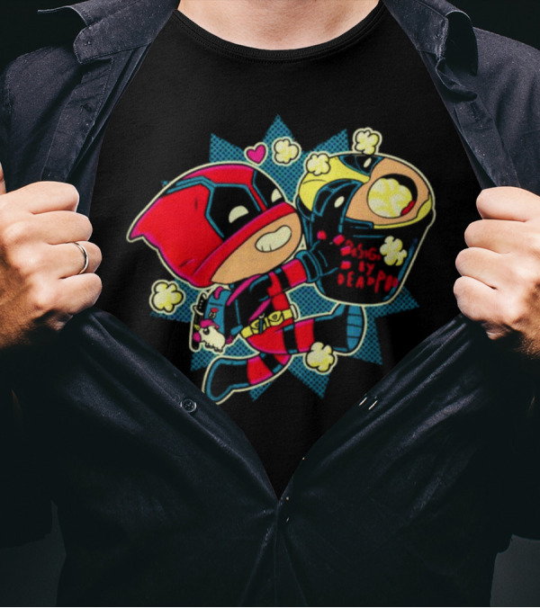 Deadpool Wolverine Pushing By Deadpool Popcorn Buckets Heart T-Shirt