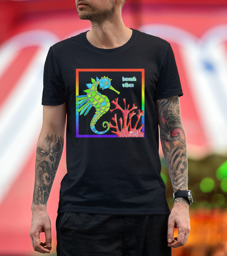 Beach Vibes Seahorse and Coral Rainbow Frame T-Shirt