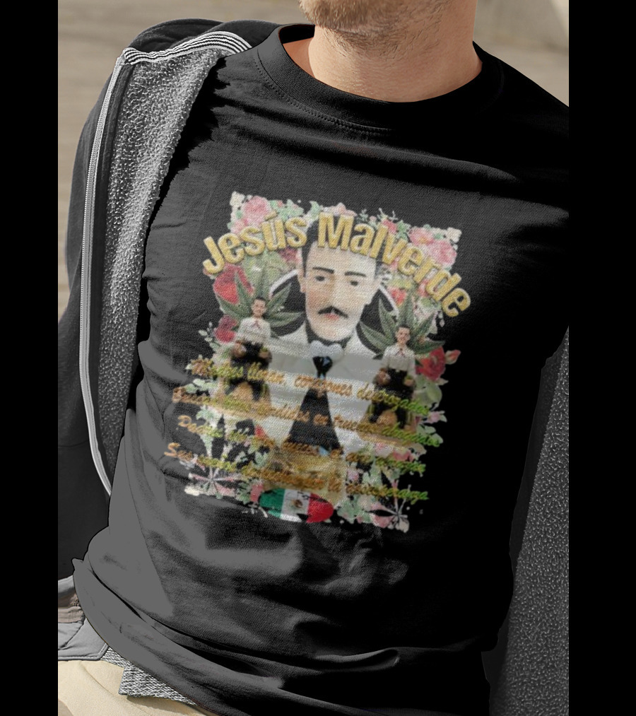 Jesús Malverde Iconic Figure With Flowers And Mexican Flag T-Shirt