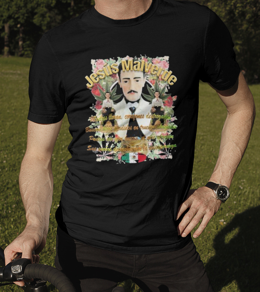 Jesús Malverde Iconic Figure With Flowers And Mexican Flag T-Shirt