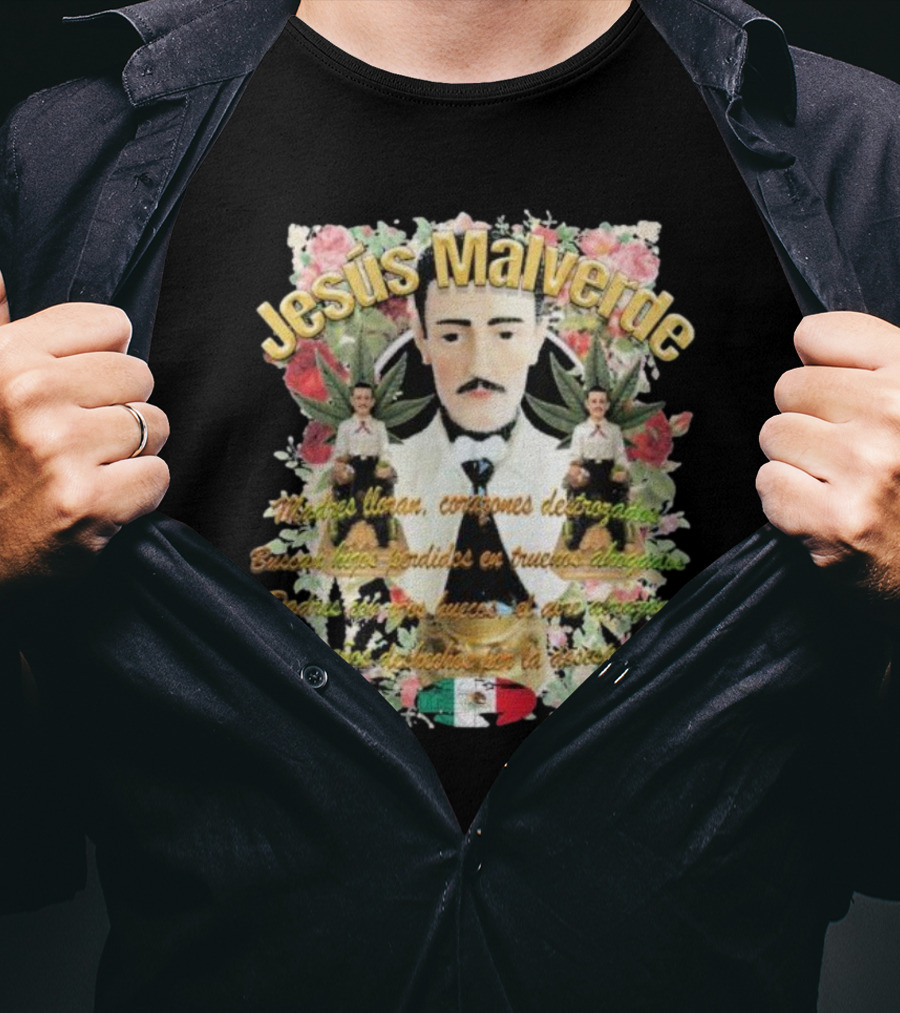 Jesús Malverde Iconic Figure With Flowers And Mexican Flag T-Shirt