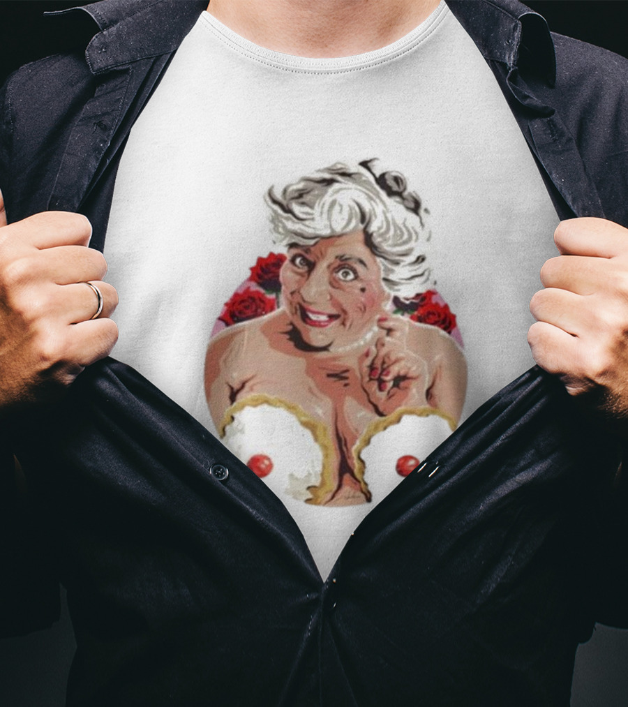 Nordacious Miriam Margolyes Humorous Portrait With Cakes And Roses T-Shirt
