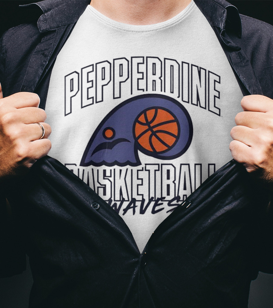 Pepperdine Waves Basketball Logo With Orange Basketball And Wave T-Shirt