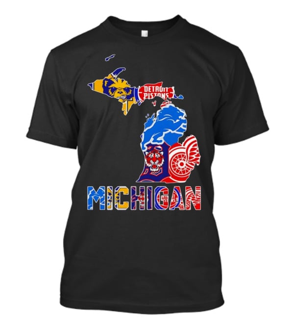 Michigan Sports Teams Logos Map Detroit Pistons Lions Tigers Red Wings T-Shirt