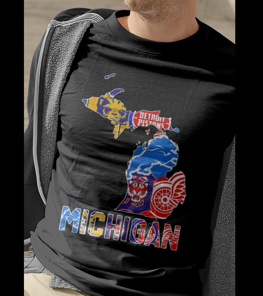 Michigan Sports Teams Logos Map Detroit Pistons Lions Tigers Red Wings T-Shirt
