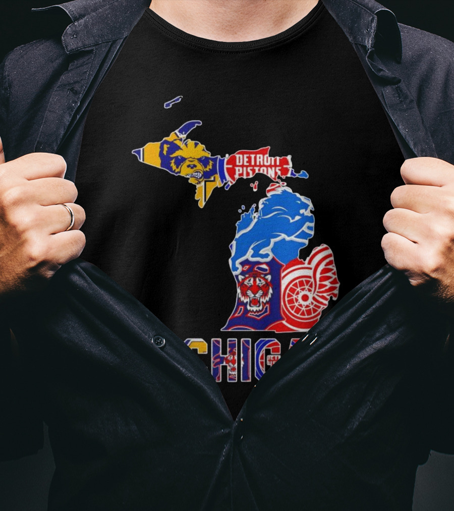 Michigan Sports Teams Logos Map Detroit Pistons Lions Tigers Red Wings T-Shirt
