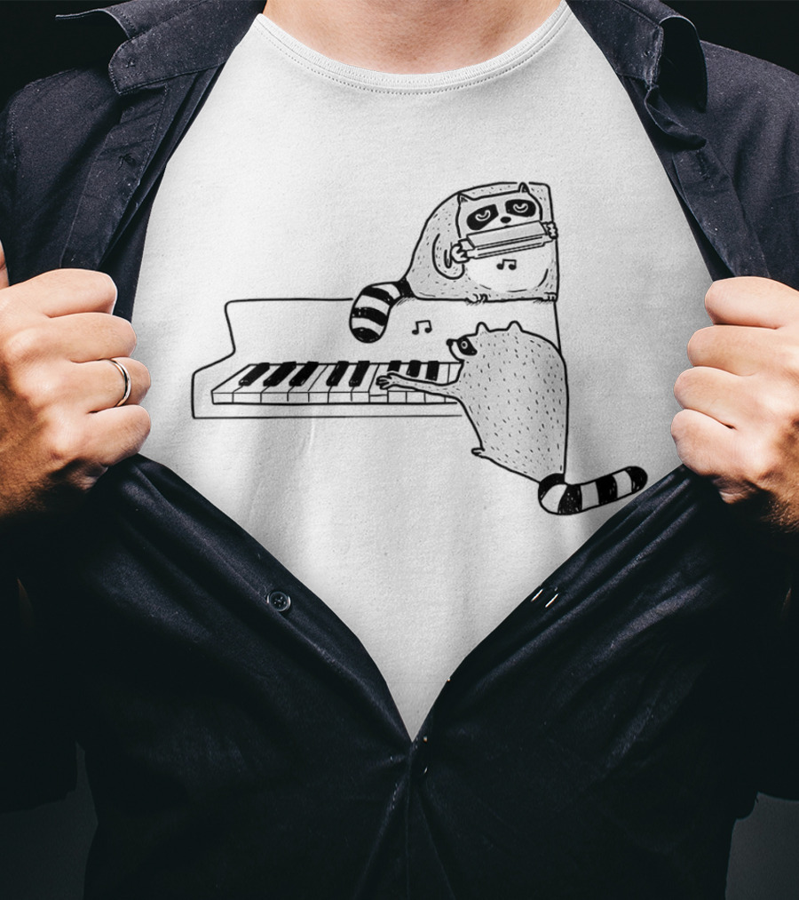 Racoon Playing Piano Nocturnal Musicians With Harmonica Duo T-Shirt