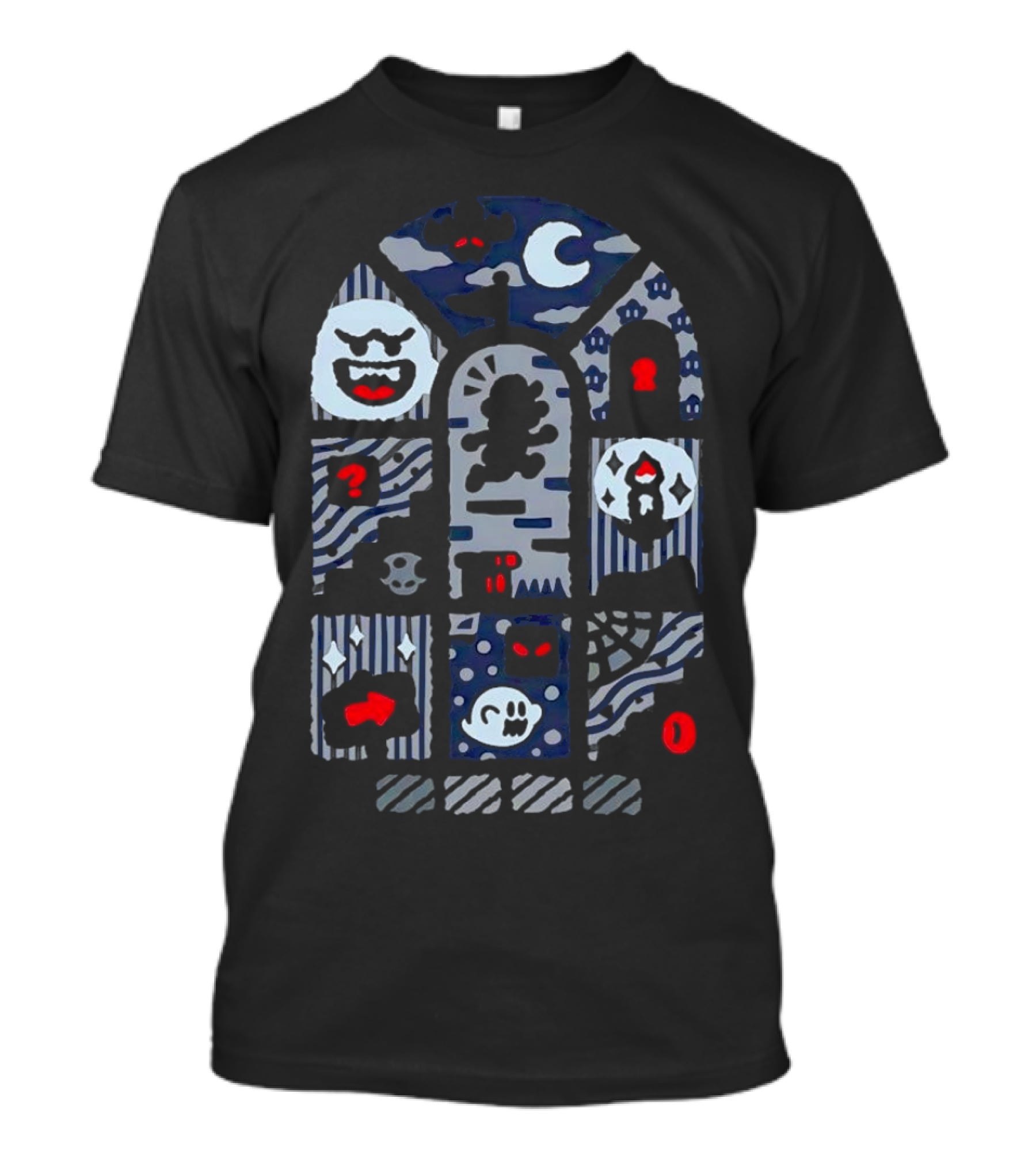 Super Mario World Ghost House Scene Elements Featuring Boo, Skull, And Keyhole T-Shirt