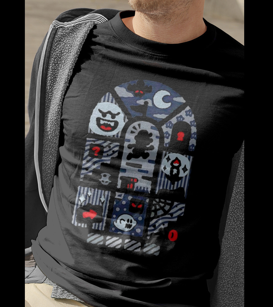 Super Mario World Ghost House Scene Elements Featuring Boo, Skull, And Keyhole T-Shirt