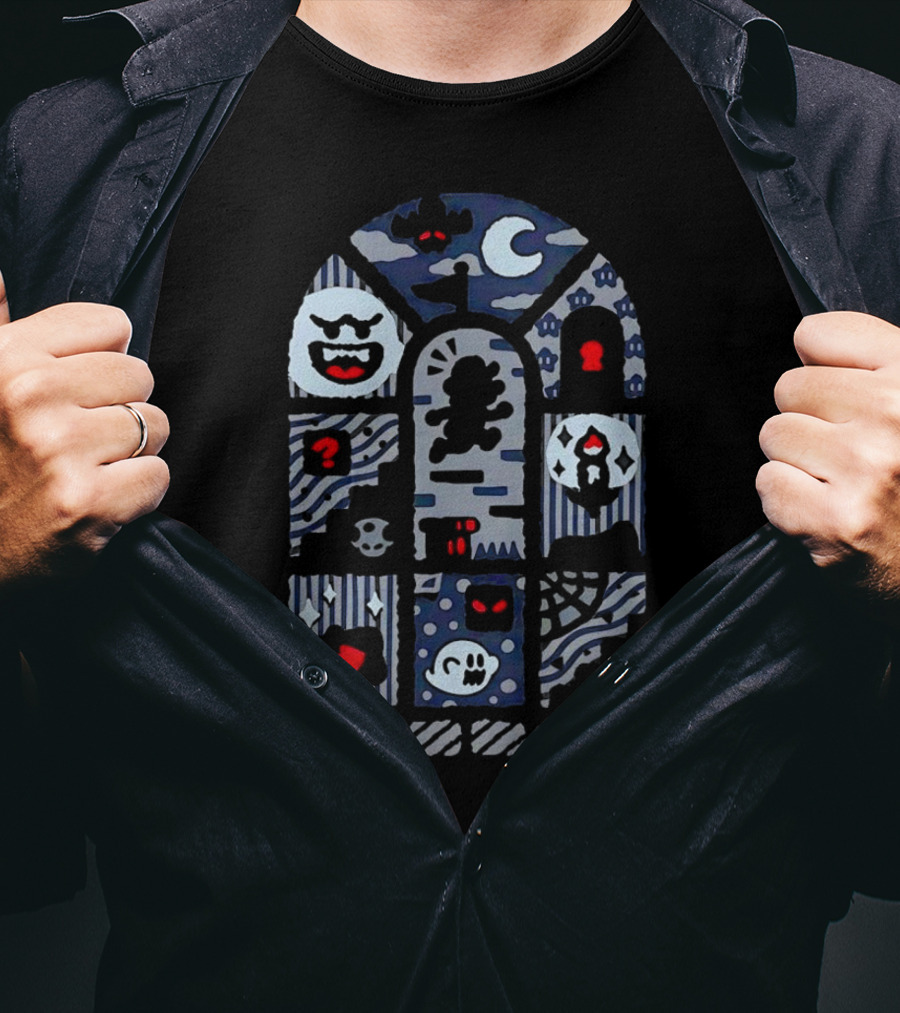 Super Mario World Ghost House Scene Elements Featuring Boo, Skull, And Keyhole T-Shirt