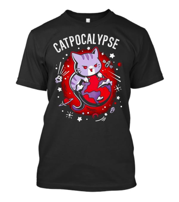 Catpocalypse Cat Battling Earth Amidst Cosmic Chaos T-Shirt