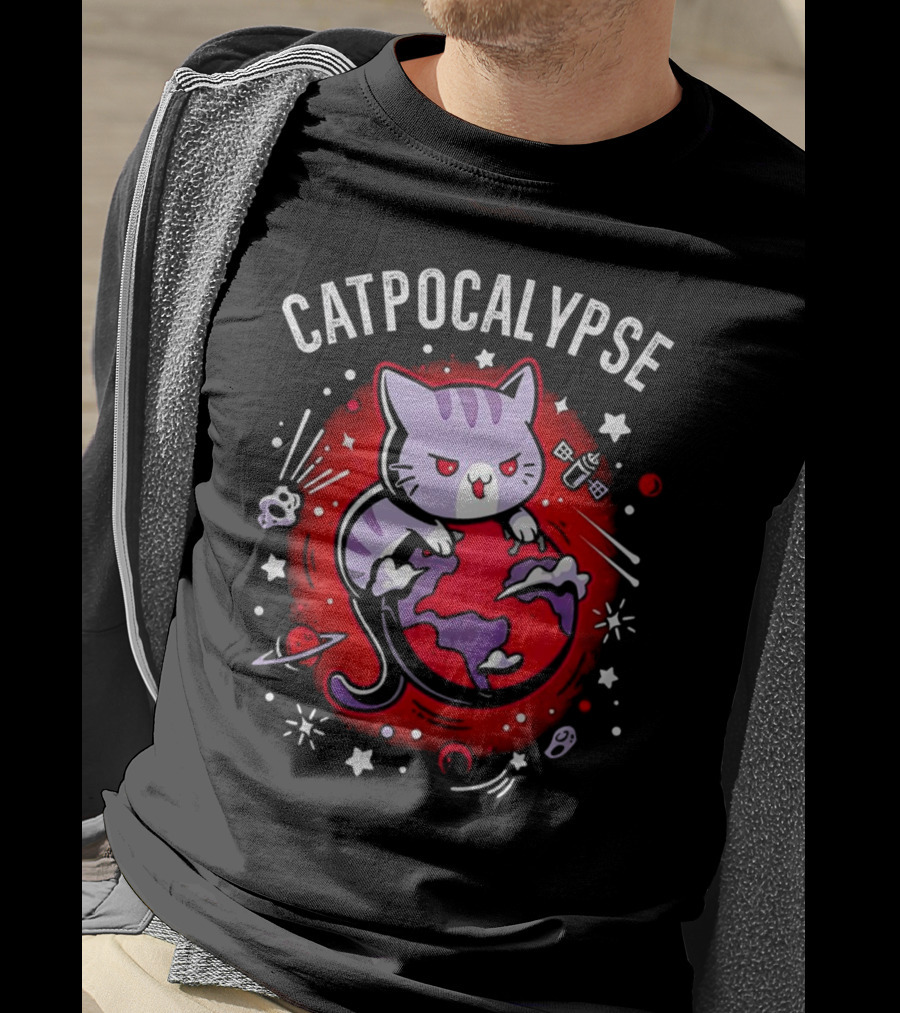 Catpocalypse Cat Battling Earth Amidst Cosmic Chaos T-Shirt