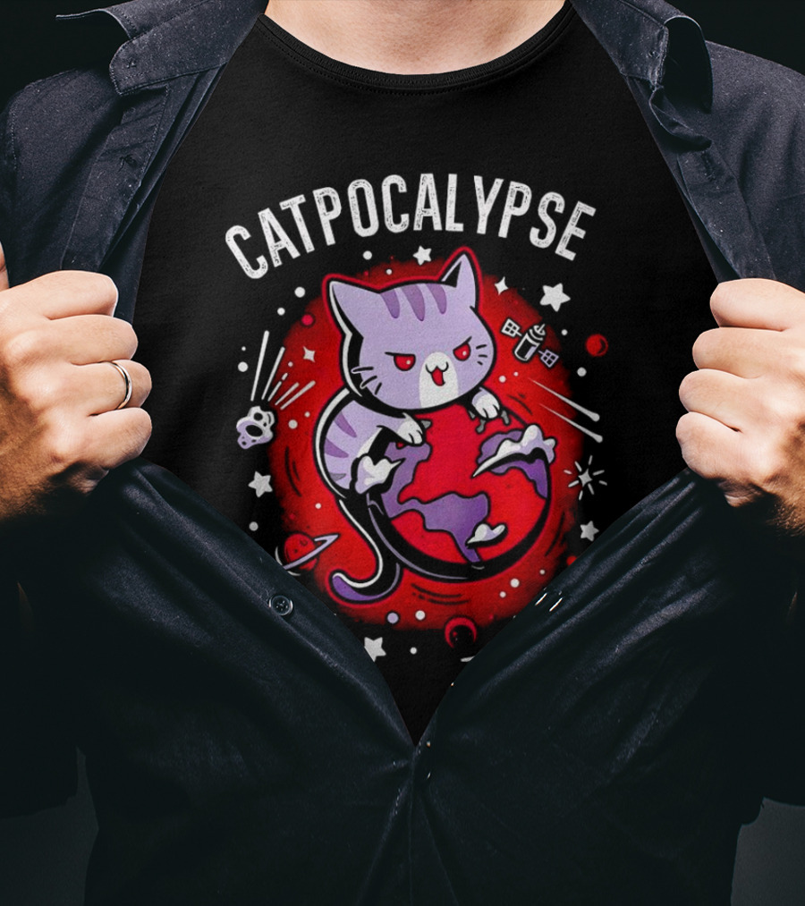 Catpocalypse Cat Battling Earth Amidst Cosmic Chaos T-Shirt