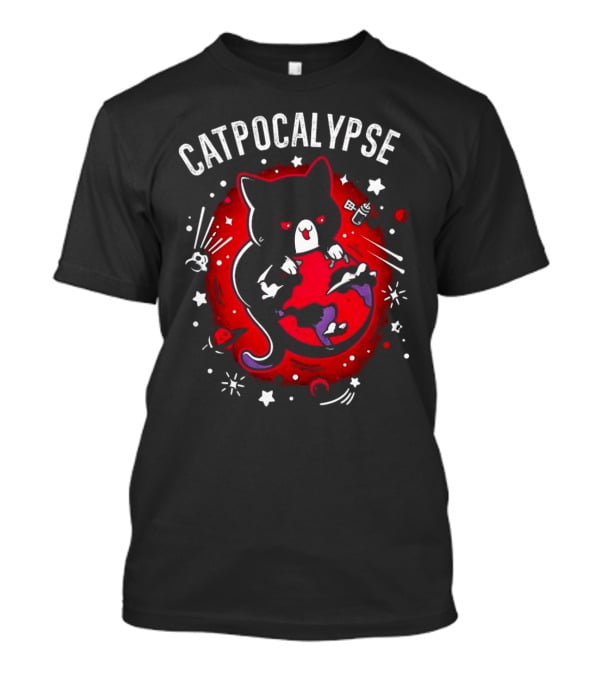 Catpocalypse Red Cat Holding Earth Surrounded By Space Elements T-Shirt