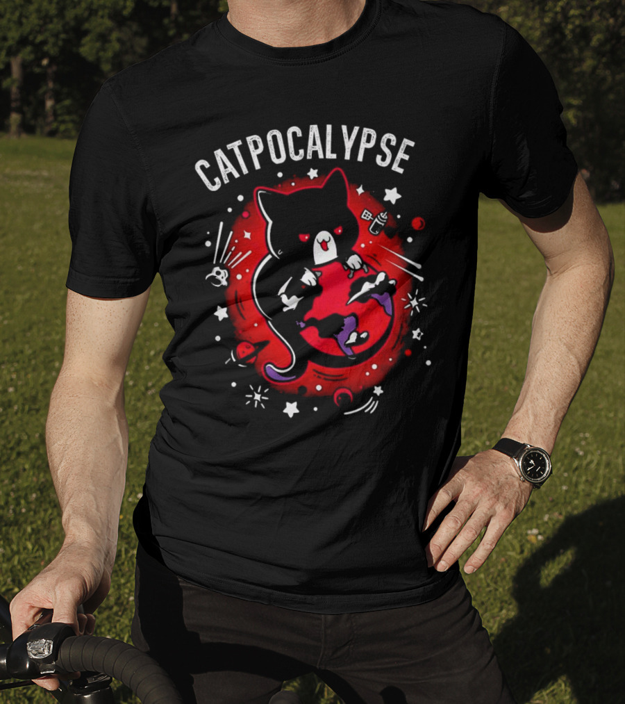 Catpocalypse Red Cat Holding Earth Surrounded By Space Elements T-Shirt