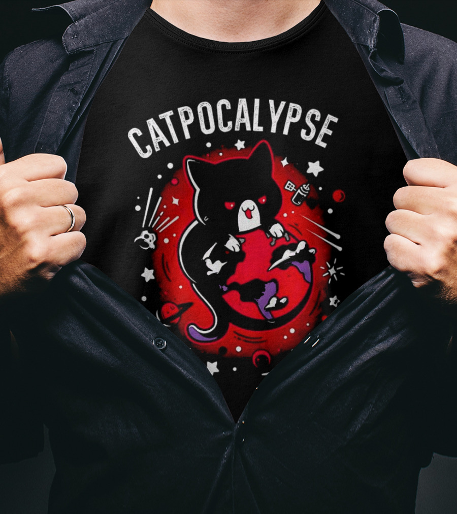 Catpocalypse Red Cat Holding Earth Surrounded By Space Elements T-Shirt