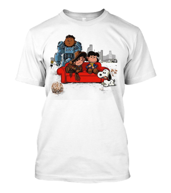 Peanuts Characters On Red Couch With Fallout Power Armor In Apocalypse Scene T-Shirt