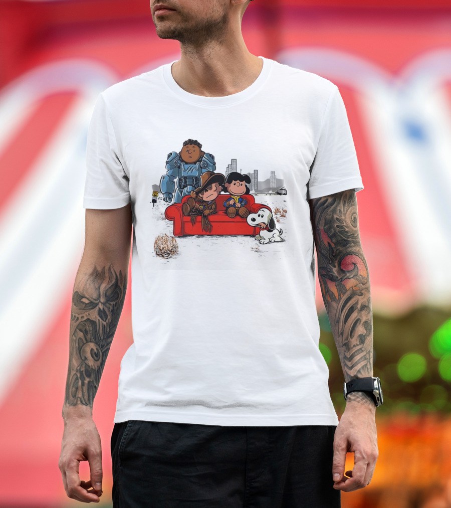 Peanuts Characters on Red Couch with Fallout Power Armor in Apocalypse Scene T-Shirt