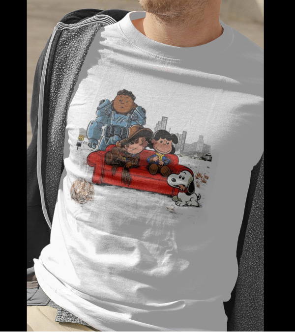 Peanuts Characters On Red Couch With Fallout Power Armor In Apocalypse Scene T-Shirt