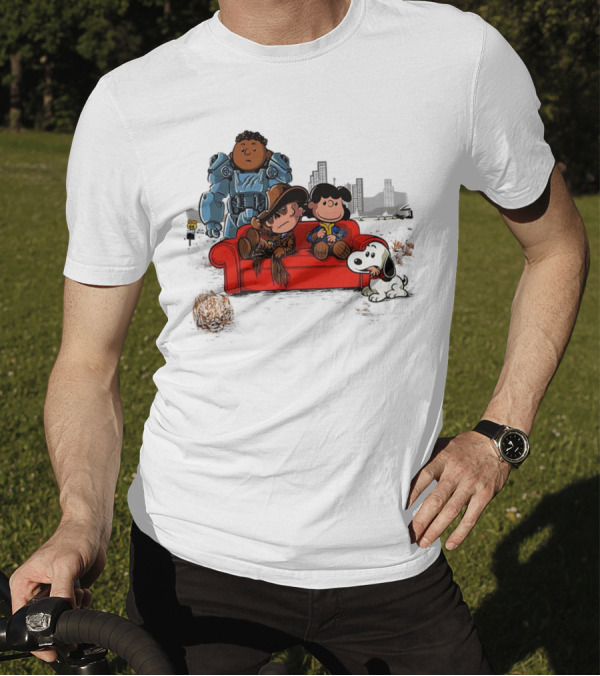 Peanuts Characters On Red Couch With Fallout Power Armor In Apocalypse Scene T-Shirt