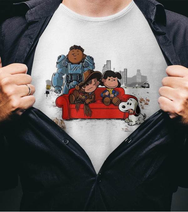 Peanuts Characters On Red Couch With Fallout Power Armor In Apocalypse Scene T-Shirt