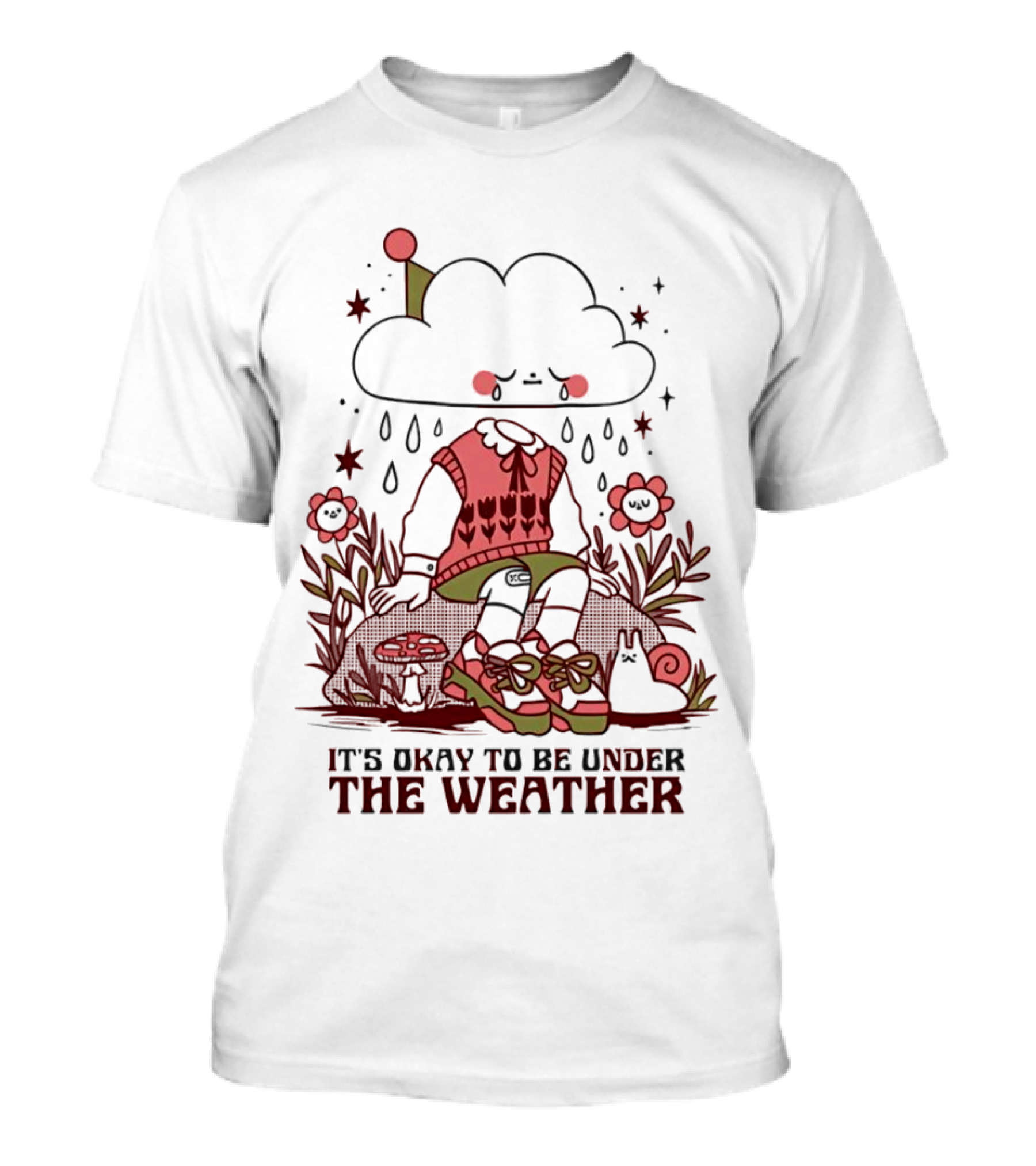 It's Okay To Be Under The Weather Cloud Character With Raindrops And Flowers T-Shirt