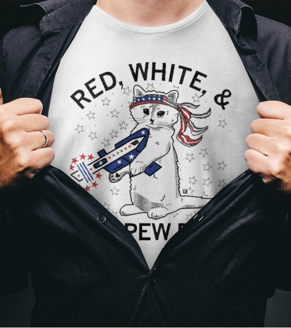 Red White And Pew Pew Pew Cat With Stars And Stripes Headband And Laser Gun T-Shirt