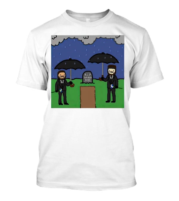 RIP SplashBros Cartoon Memorial With Suited Figures Holding Black Umbrellas T-Shirt