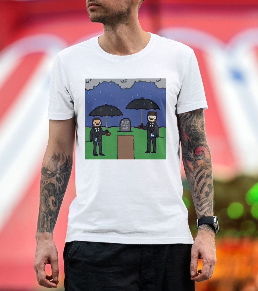 RIP SplashBros Cartoon Memorial with Suited Figures Holding Black Umbrellas T-Shirt