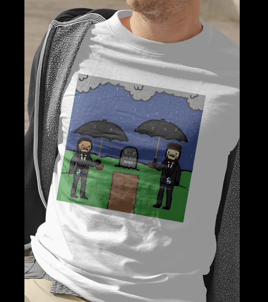 RIP SplashBros Cartoon Memorial With Suited Figures Holding Black Umbrellas T-Shirt