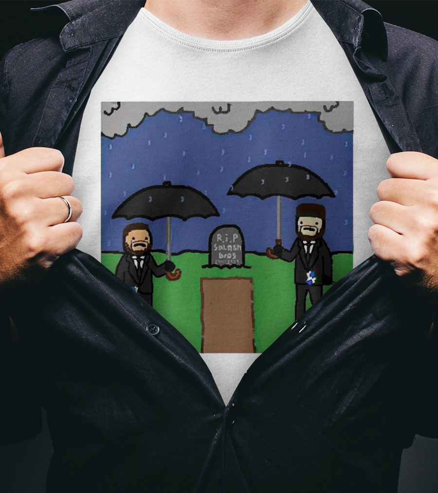 RIP SplashBros Cartoon Memorial With Suited Figures Holding Black Umbrellas T-Shirt