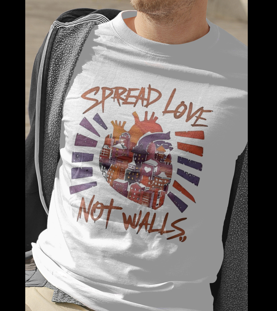 Spread Love Not Walls Cityscape Heart Crown Sunset T-Shirt