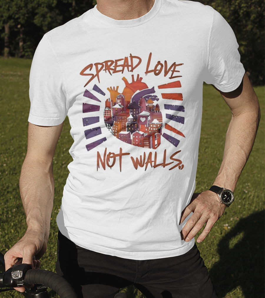 Spread Love Not Walls Cityscape Heart Crown Sunset T-Shirt