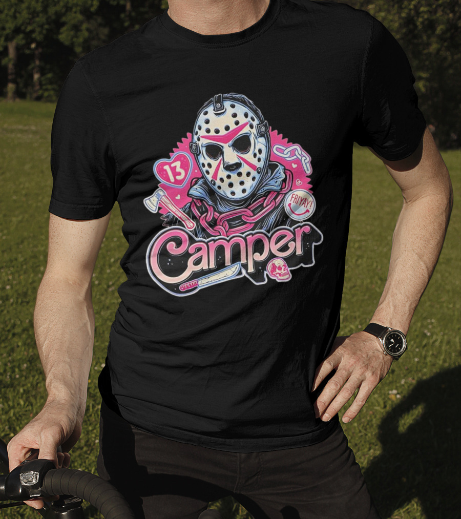 Camper 13 Jason Voorhees Mask And Chains With Ax And Knife Friyay Hearts T-Shirt