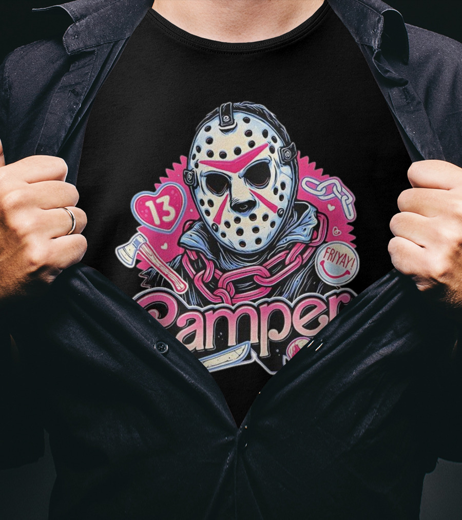 Camper 13 Jason Voorhees Mask And Chains With Ax And Knife Friyay Hearts T-Shirt