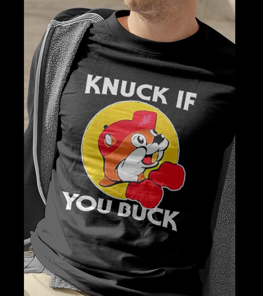 Knuck If You Buck Buc Ees Logo Red Cap Yellow Circle Boxing Gloves T-Shirt