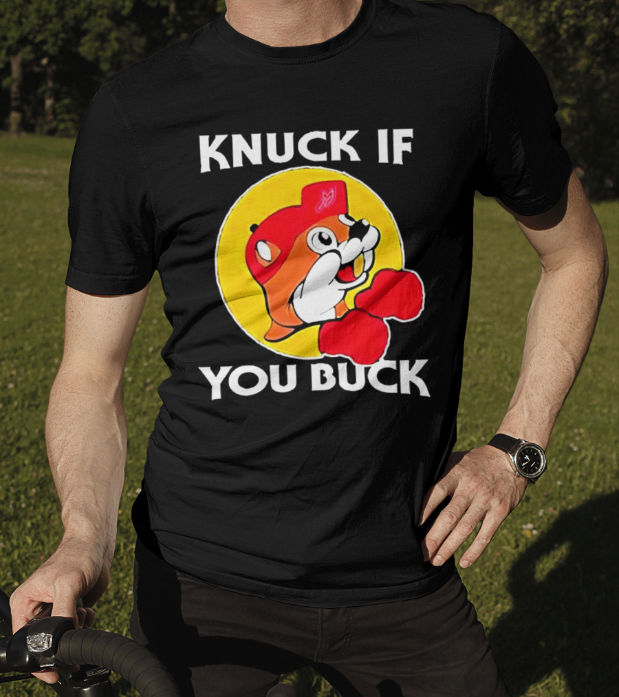 Knuck If You Buck Buc Ees Logo Red Cap Yellow Circle Boxing Gloves T-Shirt