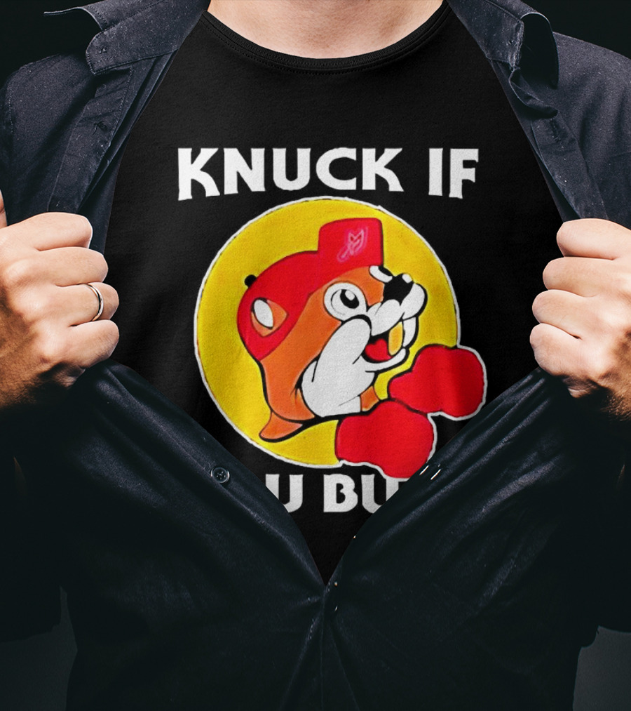 Knuck If You Buck Buc Ees Logo Red Cap Yellow Circle Boxing Gloves T-Shirt