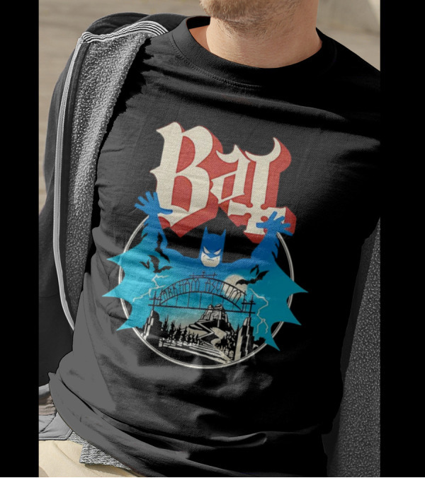 Bat Gotham Asylum Blue Bat Symbol And Red Gothic Font T-Shirt