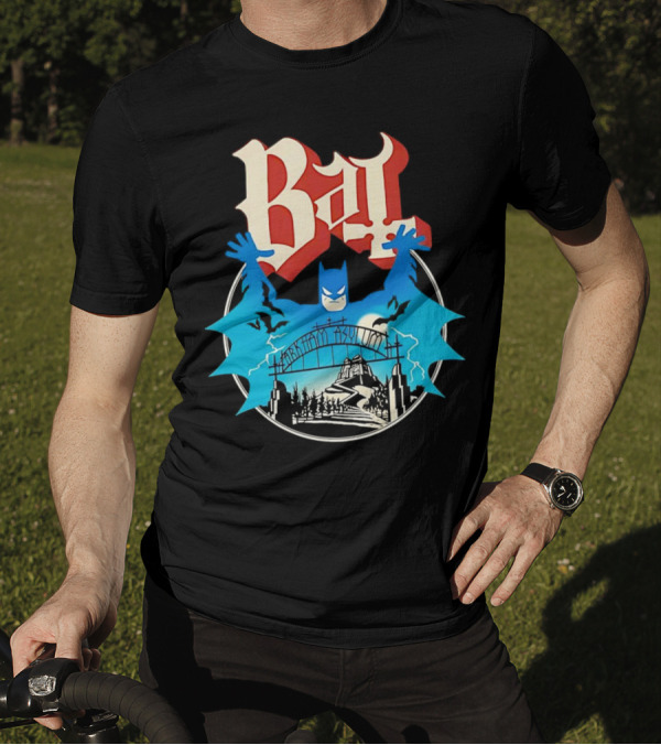 Bat Gotham Asylum Blue Bat Symbol And Red Gothic Font T-Shirt