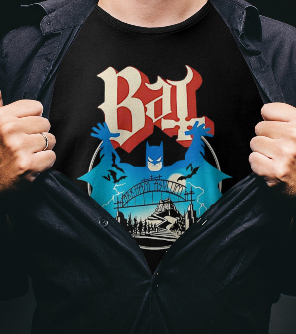 Bat Gotham Asylum Blue Bat Symbol And Red Gothic Font T-Shirt