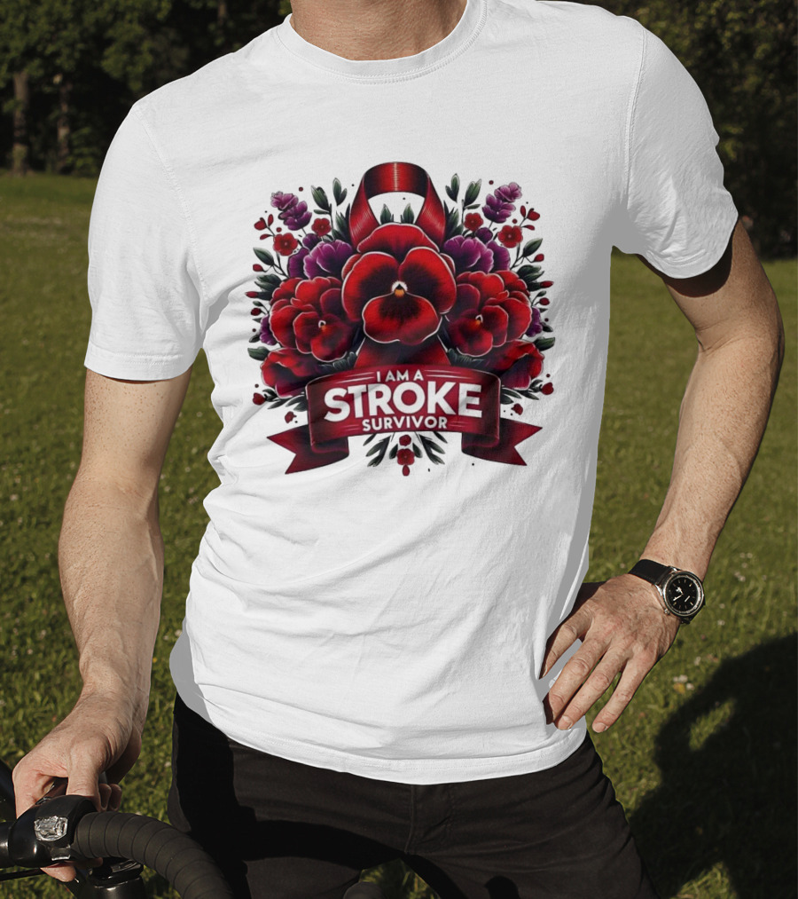 I Am A Stroke Survivor Red Ribbon And Floral Bouquet T-Shirt